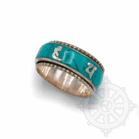 Bague argentée incrustée turquoise - OM MANI