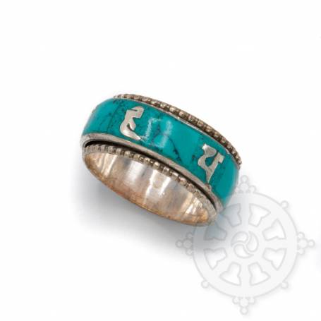 Bague argentée incrustée turquoise - OM MANI