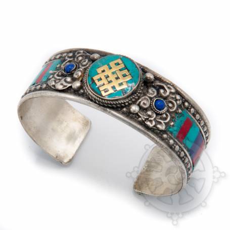 Bracelet argenté incrusté de pierres couleurs turquoises- Noeud de l'infini