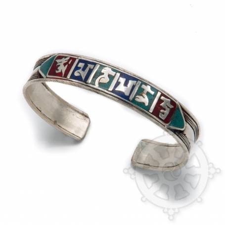 Bracelet argenté incrusté de petites pierres multicolores - OM MANI