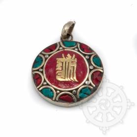 Pendentifs en Métal Argenté/Turquoise/Corail avec motif Kalachakra