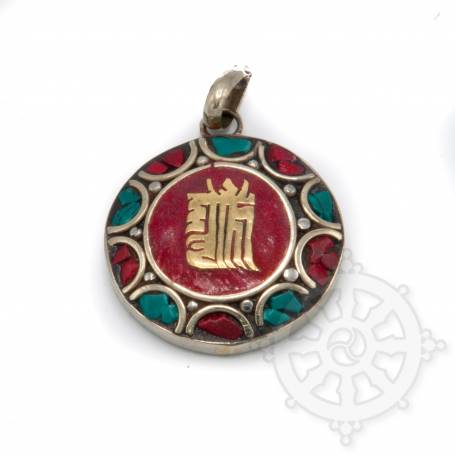 Pendentifs en Métal Argenté/Turquoise/Corail avec motif Kalachakra