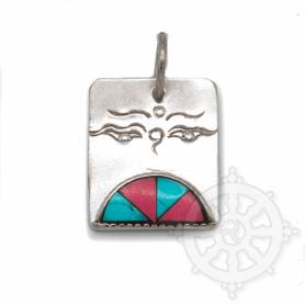 Pendentif argenté incrusté pierre - Yeux du Bouddha