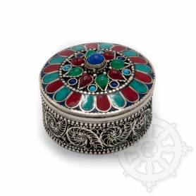 Boîte reliquaire argentée incrustée de pierres - Bleu