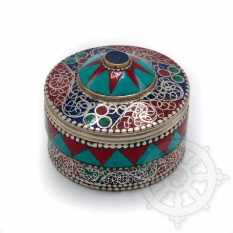 Boîte reliquaire argentée incrustée de pierres - Etoile rouge et turquoise