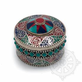 Boîte reliquaire argentée incrustée de pierres - Croix rouge, turquoise et bleu