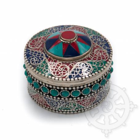 Boîte reliquaire argentée incrustée de pierres - Croix rouge, turquoise et bleu