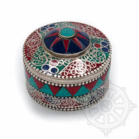 Boîte reliquaire argentée incrustée de pierres - Etoile rouge et bleu