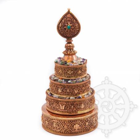 Unique! Magnifique jeu de plateaux pour offrande du Mandala finement sculpté (Cuivre massif)
