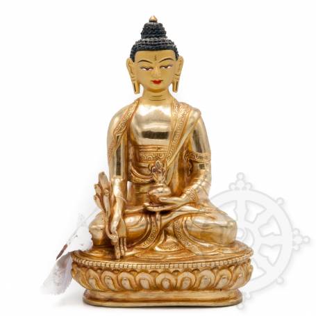 Sublime pièce d'artisanat! Statue de Bouddha Sangye Menla(H. 15 cm-Statues plaquées or 24k)