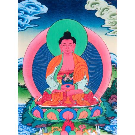Superbe thangka de Bouddha Amitabha Av. brocart 30x45cm (Peint. 15cmx20cm) 