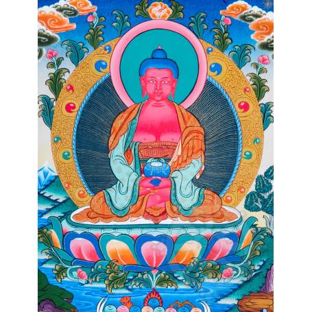 Superbe thangka de Bouddha Amitabha Av. brocart 50x85cm (Peint. 38cmx50cm) 