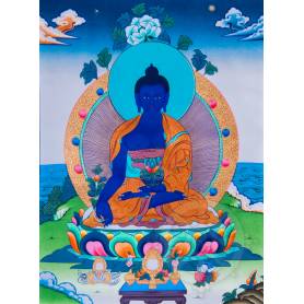 Exceptionnelle thangka de Bouddha Sangye Menla Av. brocart 70x110cm (Peint. 50cmx38cm) Qualité monastère