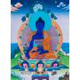 Exceptionnelle thangka de Bouddha Sangye Menla Av. brocart 70x110cm (Peint. 50cmx38cm) Qualité monastère