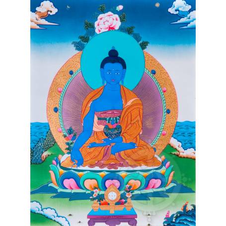 Exceptionnelle thangka de Bouddha Sangye Menla Av. brocart 70x110cm (Peint. 50cmx38cm) Qualité monastère