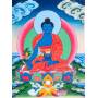 Superbe thangka de Bouddha Sangye Menla Av. brocart 30x45cm (Peint. 15cmx20cm) 
