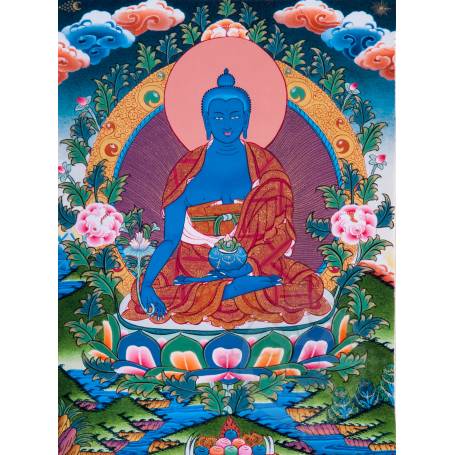 Superbe thangka de Bouddha Sangye Menla Av. brocart 50x85cm (Peint. 38cmx50cm) 