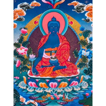 Superbe thangka de Bouddha Sangye Menla Av. brocart 50x85cm (Peint. 38cmx50cm) 