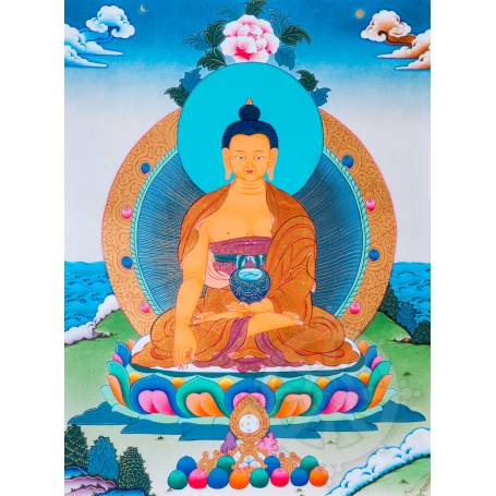 Exceptionnelle thangka de Bouddha Shakyamuni Av. brocart 70x110cm (Peint. 50cmx38cm) Qualité monastère