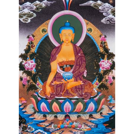Superbe thangka de Bouddha Shakyamuni Av. brocart 50x85cm (Peint. 38cmx50cm) 