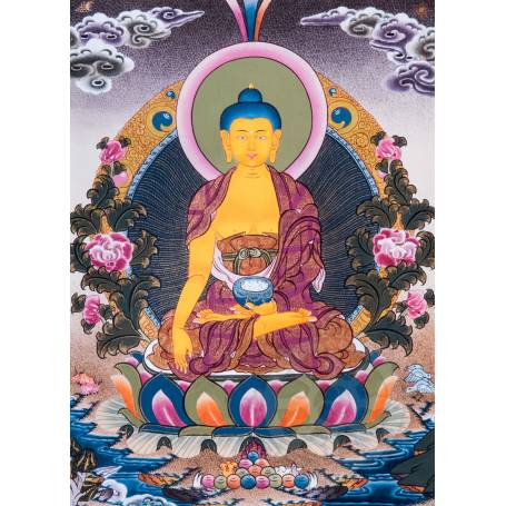 Superbe thangka de Bouddha Shakyamuni Av. brocart 50x85cm (Peint. 38cmx50cm) 