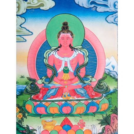 Superbe thangka de Bouddha Amitayus Av. brocart 30x45cm (Peint. 15cmx20cm) 