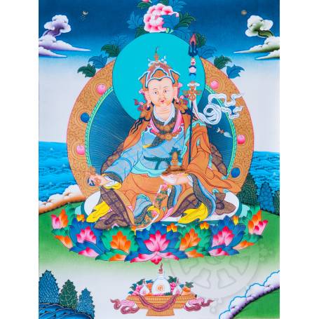 Exceptionnelle thangka de Guru Rinpoché Av. brocart 70x110cm (Peint. 50cmx38cm) Qualité monastère