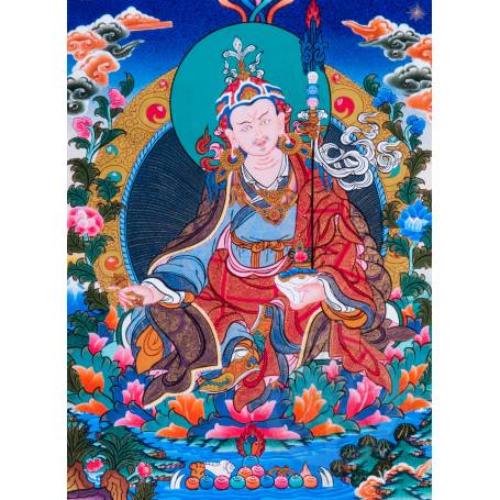 Superbe thangka de Guru Rinpoché Av. brocart 50x85cm (Peint. 38cmx50cm) 