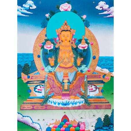 Exceptionnelle thangka de Bouddha Maitreya Av. brocart 70x110cm (Peint. 50cmx38cm) Qualité monastère