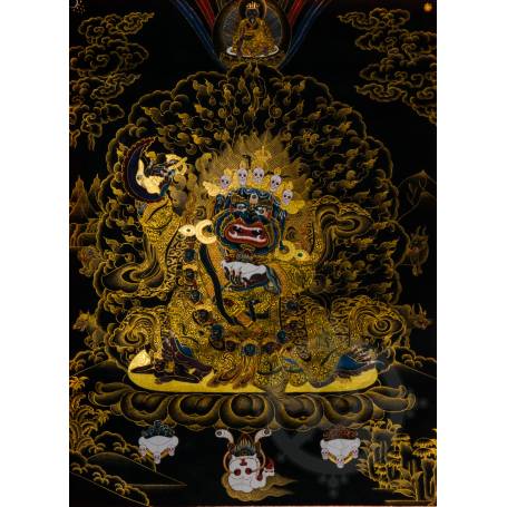 Exceptionnelle thangka de Mahakala Bernachen Av. brocart 70x110cm (Peint. 50cmx38cm) Qualité monastère