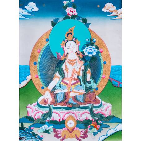 Exceptionnelle thangka de Tara Blanche Av. brocart 70x110cm (Peint. 50cmx38cm) Qualité monastère