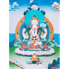Exceptionnelle thangka de Tchenrézi Av. brocart 70x110cm (Peint. 50cmx38cm) Qualité monastère