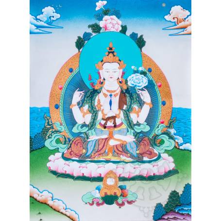 Exceptionnelle thangka de Tchenrézi Av. brocart 70x110cm (Peint. 50cmx38cm) Qualité monastère