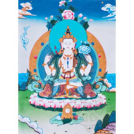 Exceptionnelle thangka de Tchenrézi Av. brocart 70x110cm (Peint. 50cmx38cm) Qualité monastère