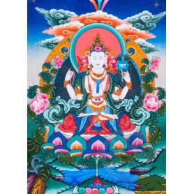 Superbe thangka de Tchenrézi Av. brocart 50x85cm (Peint. 38cmx50cm) 