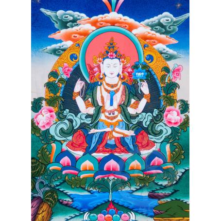 Superbe thangka de Tchenrézi Av. brocart 50x85cm (Peint. 38cmx50cm) 