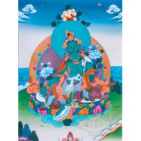 Exceptionnelle thangka de Tara Verte Av. brocart 70x110cm (Peint. 50cmx38cm) Qualité monastère