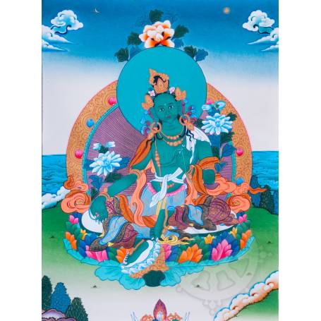 Exceptionnelle thangka de Tara Verte Av. brocart 70x110cm (Peint. 50cmx38cm) Qualité monastère