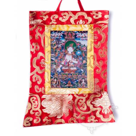 Mini-thangkas pour votre autel  - Tara Blanche Av. brocart 23x28,5cm (Repro. 9cmx14,5cm) - 
