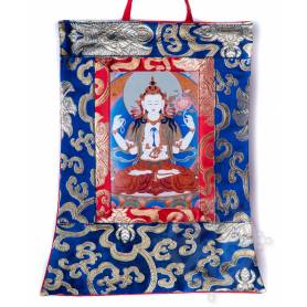 Mini-thangkas pour votre autel  - Tchenrézi Av. brocart 23x28,5cm (Repro. 9cmx14,5cm) - 