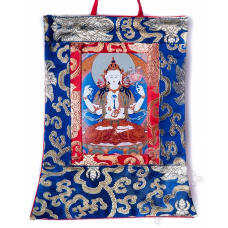 Mini-thangkas pour votre autel  - Tchenrézi Av. brocart 23x28,5cm (Repro. 9cmx14,5cm) - 
