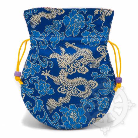 Pochette pour mala/bijoux en tissu bleu et au motif dragon (L. 13,5 x l. 10cm)