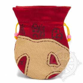 Pochette pour mala/bijoux en tissu rouge/or  et au motif primitif (L. 13,5 x l. 10cm)