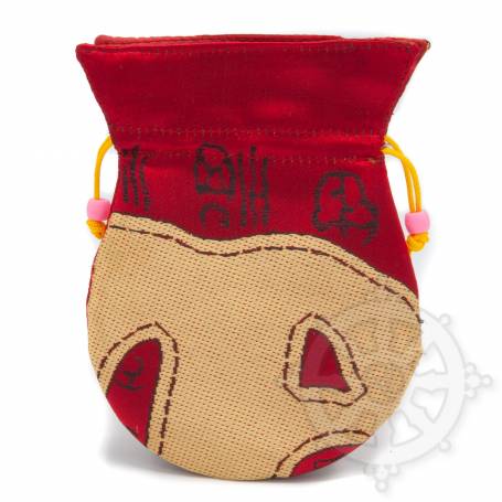 Pochette pour mala/bijoux en tissu rouge/or  et au motif primitif (L. 13,5 x l. 10cm)