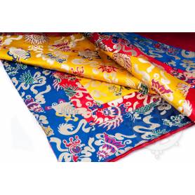 Exceptionnel! Nappe jaune symbôles auspicieux de très haute qualité en brocart de soie (1 x 1 m)