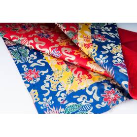 Exceptionnel! Nappe rouge symbôles auspicieux de très haute qualité en brocart de soie (1 x 1 m)