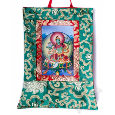 Mini-thangkas pour votre autel  - Tara Verte Av. brocart 23x28,5cm (Repro. 9cmx14,5cm) - 