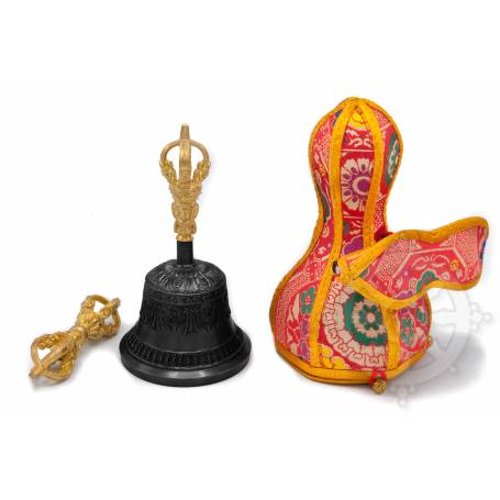 Cloche noire et Dorjé de Dehradun (grande taille) + étuis  - Art de l'Inde