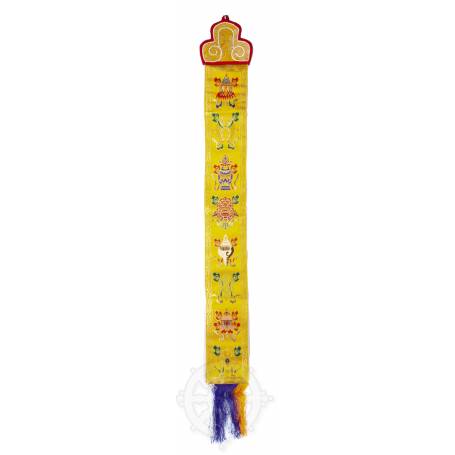 Wall banner - AUSPICIOUS SYMBOLS - Silk brocade embroidered Yellow (H. 105cm x W. 13,5cm) 