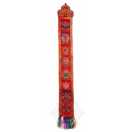 Wall banner - AUSPICIOUS SYMBOLS - Red embroidered silk brocade (H. 105cm x W. 13,5cm) 